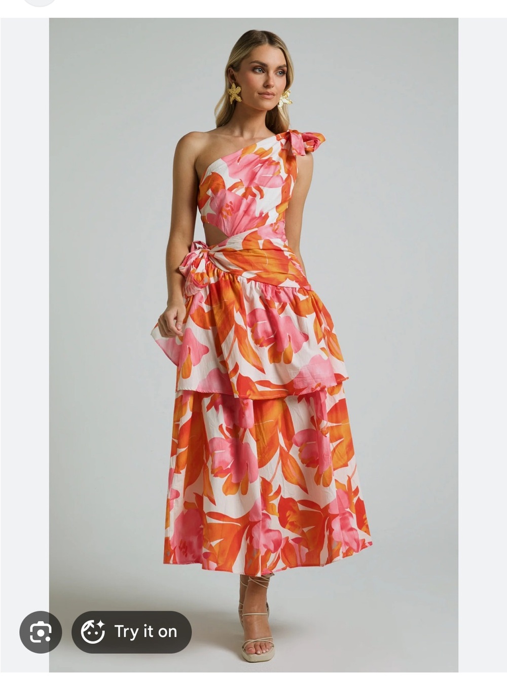 Showpo Honolulu Orange & Pink One-Shoulder Tiered Midi Dress